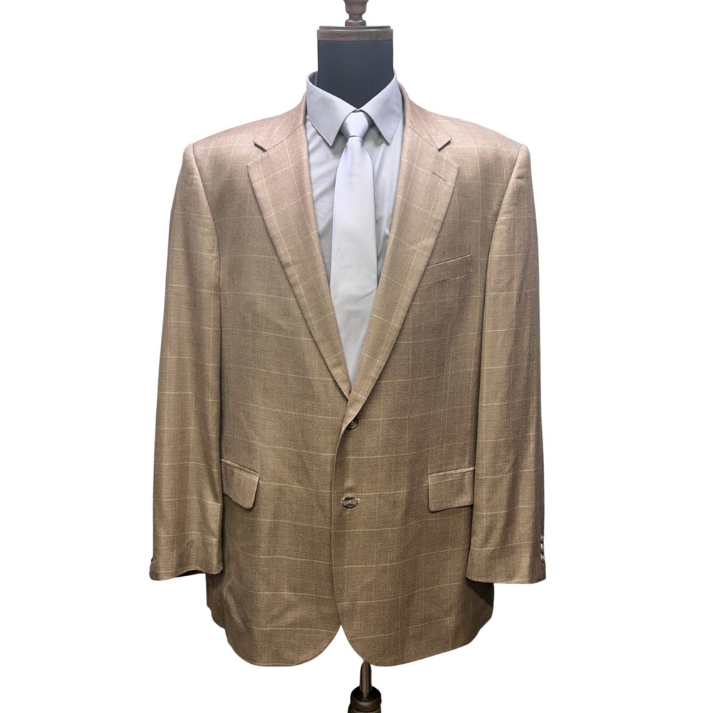 Alan Flusser Sport Coat Mens 46L Tan Windowpane Silk/Wool 2 Button Blazer Preppy